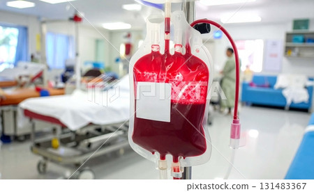 Blood collection bag used for donation in a medical facility during a donation drive 131483367