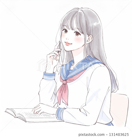Watercolor and hand-drawn illustration of female students in uniforms studying, women and girls Watercolor and hand-drawn illustration of female students in uniforms studying, women and girls 131483625