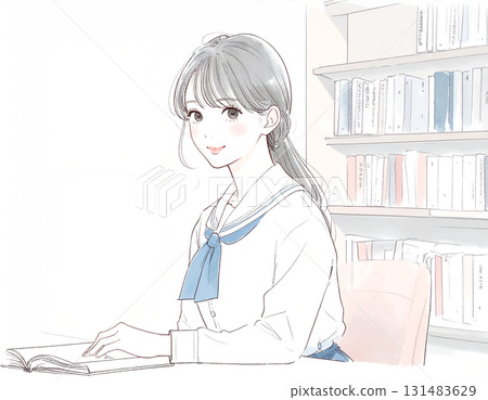 Watercolor and hand-drawn illustration of female students in uniforms studying, women and girls 131483629