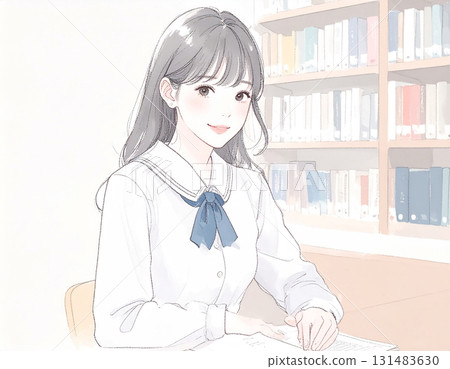 Watercolor and hand-drawn illustration of female students in uniforms studying, women and girls 131483630