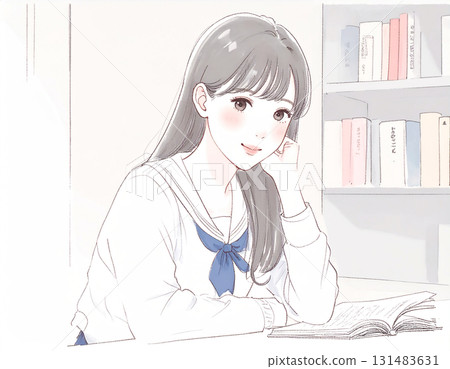 Watercolor and hand-drawn illustration of female students in uniforms studying, women and girls 131483631