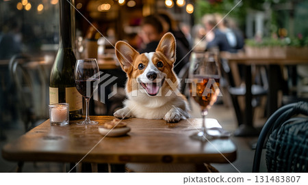 背景中拿著酒杯的柯基犬 131483807