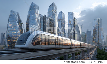 Futuristic train modern city glass skyscraper urban landscape transportation high speed architecture evening light innovation travel 131483960