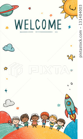 Welcome children holding hands, smiling under sun, rocket, planet, and stars, colorful playful background, joyful atmosphere 131484003