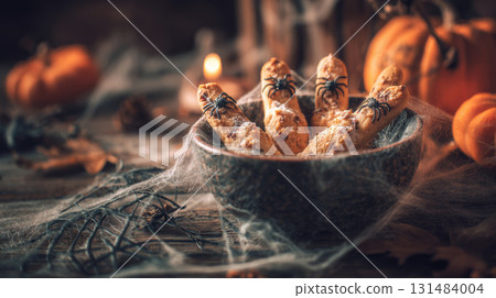 Spooky Halloween cookie finger spider web autumn pumpkin candle festive treats in bowl create mysterious and eerie atmosphere 131484004