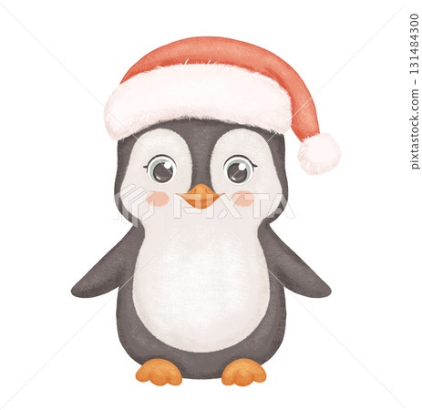 Penguin in red Santa hat. Cute animal isolated on white background. Childish watercolor winter illustration. 131484300