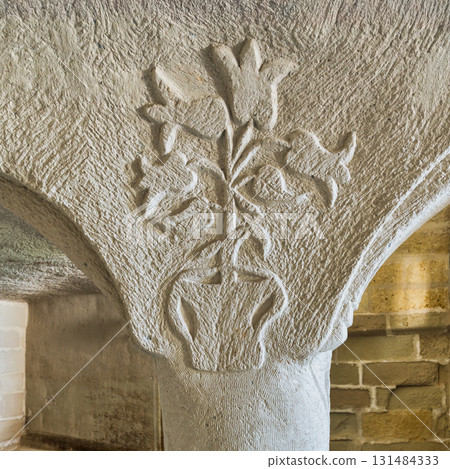 Detail of ancient carved column capital with floral motif at Cavusin Koyu Eski Kaya Camii, Cavusin, Cappadocia, Turkey Detail of ancient carved column capital with floral motif at Cavusin Koyu Eski Kaya Camii, Cavusin, Cappadocia, Turkey 131484333