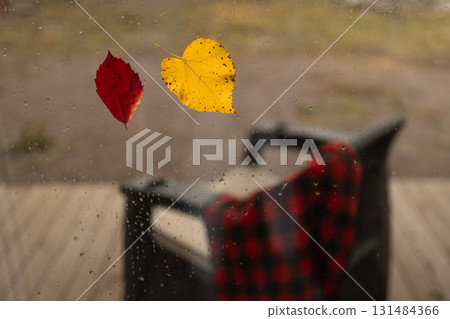 Autumn Rain Creates a Melancholic Mood, as Leaves Stick to the Window Pane 131484366
