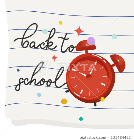 Vector illustration with red alarm clock and quote back to school. Perfect for creating educational materials and thematic design Vector illustration with red alarm clock and quote back to school. Perfect for creating educational materials and thematic design 131484452