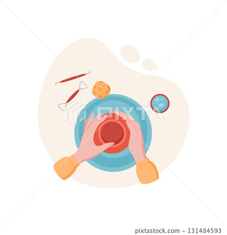 Woman hands create pottery in workshop with tools and equipment. Craft activity of handmade pottery making, DIY project. Concept of creative hobby, flat visual style, suitable for art classes or 131484593