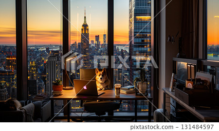 從摩天大樓上看到的黃昏柯基犬 131484597