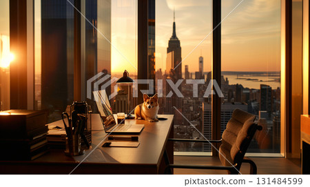 從窗戶看到的摩天大樓柯基犬 131484599