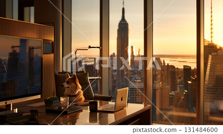 A corgi operating a computer in an office on a high floor A corgi operating a computer in an office on a high floor 131484600