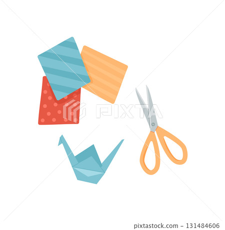 Paper, scissors, and origami crane elements on a flat surface. Creative DIY craft activity for children to create colorful handmade designs. Concept of fun, art, and creativity in workshops. 131484606