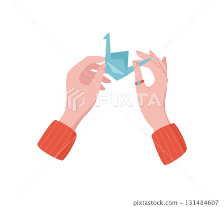 Hands making origami figure from paper in a creative school activity. Character engaging in fun craft, showcasing DIY concept, flat style, suitable for children's workshops and art classes. 131484607