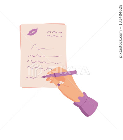 Cute girl hold pen and write romantic letter on paper with doodle accents. Heart message concept and love correspondence, flat style illustration ideal for greeting card designs. Cute girl hold pen and write romantic letter on paper with doodle accents. Heart message concept and love correspondence, flat style illustration ideal for greeting card designs. 131484628