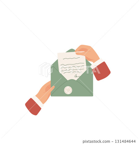 Envelope with letter and note held by a woman. Open paper filled with love and handwritten message. Concept of communication, romance, correspondence, flat cartoon graphic style, suitable for greeting 131484644