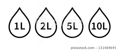 Water capacity icons set. Liquid volume symbol from 1 to 10 liters. Water drop line icon. Fluid volume. L sign. Scale for plastic bottles. Vector illustration isolated on white background 131484645