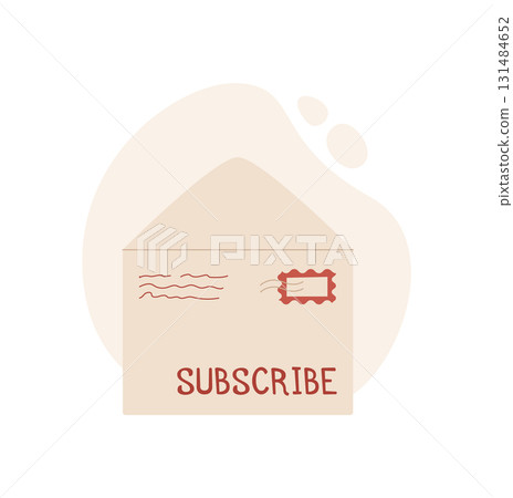 Flat envelope with letter and stamp for mail delivery. Creative card design features handwritten message and postal icon. Concept of correspondence, communication, love. Flat envelope with letter and stamp for mail delivery. Creative card design features handwritten message and postal icon. Concept of correspondence, communication, love. 131484652