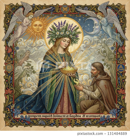 A witch holding medicine and a kneeling man 131484889