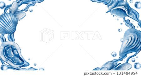 Marine seashells in horizontal oval frame:twisted spiky seashell,oyster,mussel,ribbed cemicircular seashell,laminaria,air bubbles in blue monochrome colors.Minimalism graphic in watecolor illustration Marine seashells in horizontal oval frame:twisted spiky seashell,oyster,mussel,ribbed cemicircular seashell,laminaria,air bubbles in blue monochrome colors.Minimalism graphic in watecolor illustration 131484954