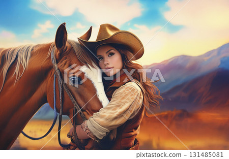 美國狂野西部風景，一位女牛仔牽著一匹馬 131485081