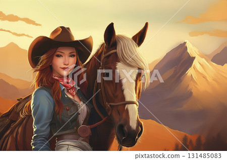 美國西部荒野風景與女牛仔與馬 131485083