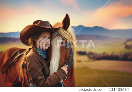 美國狂野西部風景，一位女牛仔牽著一匹馬 131485084