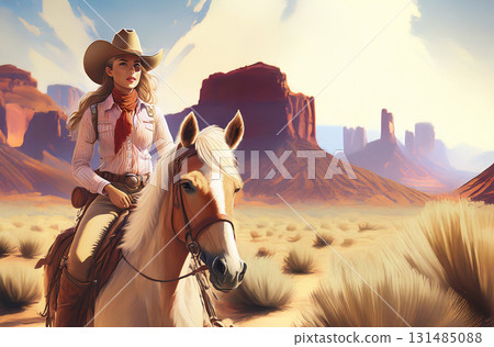 美國狂野西部風景與騎在馬背上的女牛仔 131485088