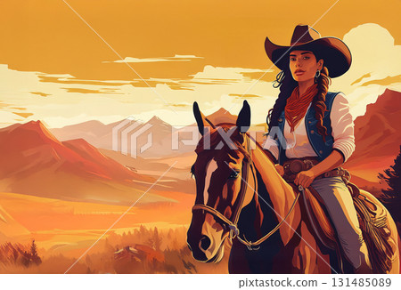 一幅西部風格的美國風景畫，畫中有一位騎在馬背上的女牛仔。 131485089