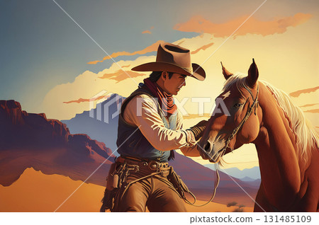 American Wild West landscape with cowboys and horses American Wild West landscape with cowboys and horses 131485109