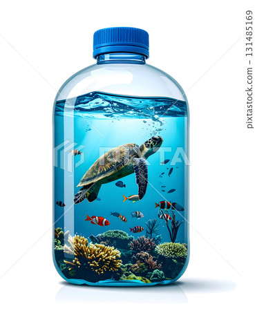 Sea turtle inside plastic bottle with tropical fish 131485169