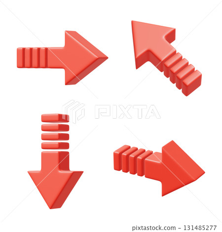 3DCG illustration of arrows showing various directions. A variety set of forward red arrows 131485277