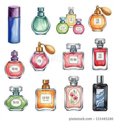 Set of Perfume Bottles characters. Watercolour illustration design 131485280