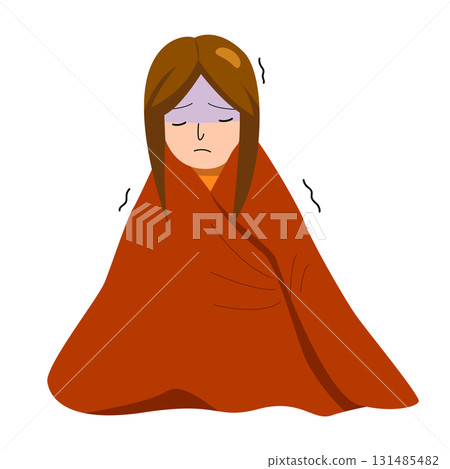 A sick woman wrapped in a blanket. Feeling unwell. High temperature. Medical, case study and illustration concept A sick woman wrapped in a blanket. Feeling unwell. High temperature. Medical, case study and illustration concept 131485482