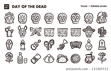 墨西哥亡靈節手繪圖示插畫集。 EPS 版本可編輯以變更線條粗細等。 131485515