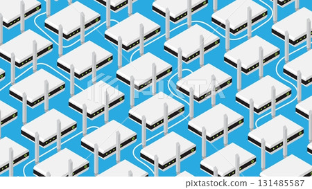 Isometric router modems for transmitting and retransmitting Internet signals. Industrial telecommunications equipment. 3D vector background top view at an angle 131485587