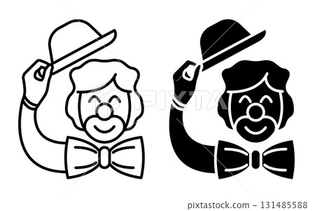 Line icon. Friendly circus clown raises his hat in greeting. Simple black and white vector isolated on white background 131485588