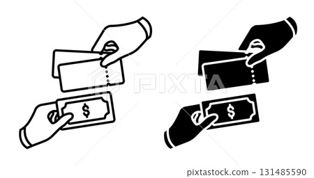 Linear icon. Cashier and a customer exchange money and sold tickets for a circus show. Simple black and white vector isolated on white background Linear icon. Cashier and a customer exchange money and sold tickets for a circus show. Simple black and white vector isolated on white background 131485590