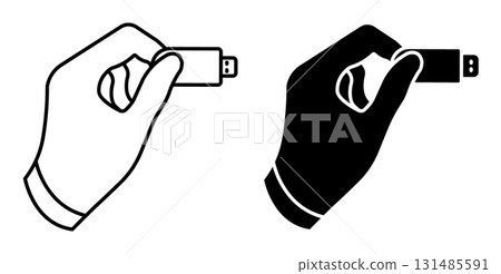 Linear icon. Programmer hand holds a USB flash drive with important information. Storage of information on removable media. Simple black and white vector isolated on white background 131485591