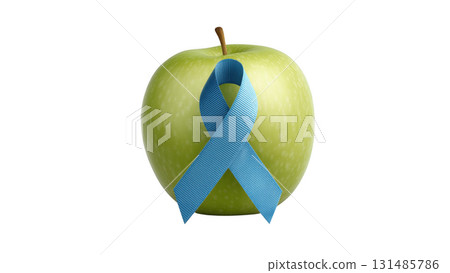Green apple with blue ribbon for diabetes awareness, created AI, PNG 131485786