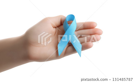 Hand displaying a blue ribbon for diabetes awareness, created AI, PNG 131485787