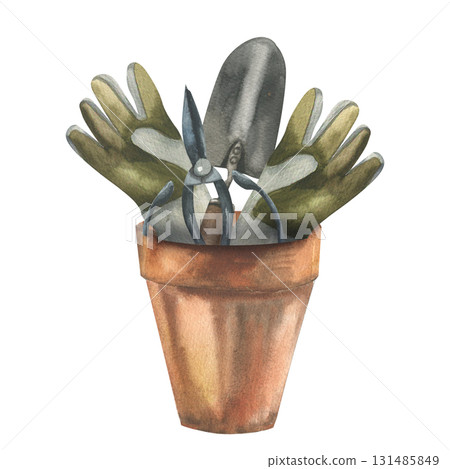 Clay pot with garden shears, trowel and garden gloves watercolor illustration. Hand drawn gardening tool clipart, rustic countryside equipment painting for hobby magazine design, label,packing Clay pot with garden shears, trowel and garden gloves watercolor illustration. Hand drawn gardening tool clipart, rustic countryside equipment painting for hobby magazine design, label,packing 131485849