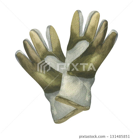 Pair of gardening gloves watercolor illustration. Hand drawn leather hand wear clipart for working in garden, protection for fingers and skin. Fabric gloves for caring plants and flowers Pair of gardening gloves watercolor illustration. Hand drawn leather hand wear clipart for working in garden, protection for fingers and skin. Fabric gloves for caring plants and flowers 131485851