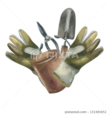 Gardening tools watercolor illustration with metal shears,gardening fabric gloves,clay pot and trowel. Hand drawn equipment for garden and rustic life, use for hobby magazine,packing,seed design Gardening tools watercolor illustration with metal shears,gardening fabric gloves,clay pot and trowel. Hand drawn equipment for garden and rustic life, use for hobby magazine,packing,seed design 131485852