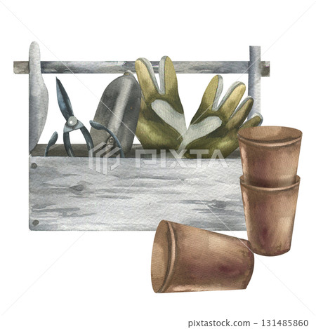 Garden tools watercolor composition with fabric gloves, shears, metal shovel in wooden box with clay flower pots illustration. Hand drawn rustic life tools clipart for planting book,hobby stickers Garden tools watercolor composition with fabric gloves, shears, metal shovel in wooden box with clay flower pots illustration. Hand drawn rustic life tools clipart for planting book,hobby stickers 131485860