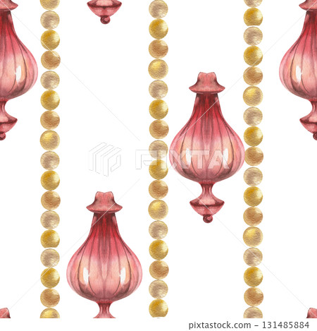 Christmas festive retro seamless pattern with watercolor red Christmas tree decorations and golden garland illustration. New year wrapping paper design. Holy gift packing Christmas festive retro seamless pattern with watercolor red Christmas tree decorations and golden garland illustration. New year wrapping paper design. Holy gift packing 131485884