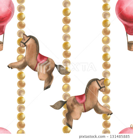 Christmas and New Year watercolor seamless pattern with wooden retro horse toy, red balloon and golden garland illustration.Hand drawn winter festive vintage background with symbol of New year Christmas and New Year watercolor seamless pattern with wooden retro horse toy, red balloon and golden garland illustration.Hand drawn winter festive vintage background with symbol of New year 131485885