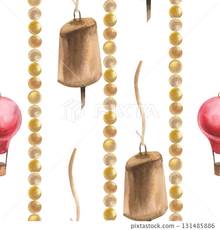 Golden ball and red balloon decorated with golden festive garland watercolor seamless pattern. Christmas and New year festive background for seasonal wrapping,packing,wallpaper design Golden ball and red balloon decorated with golden festive garland watercolor seamless pattern. Christmas and New year festive background for seasonal wrapping,packing,wallpaper design 131485886