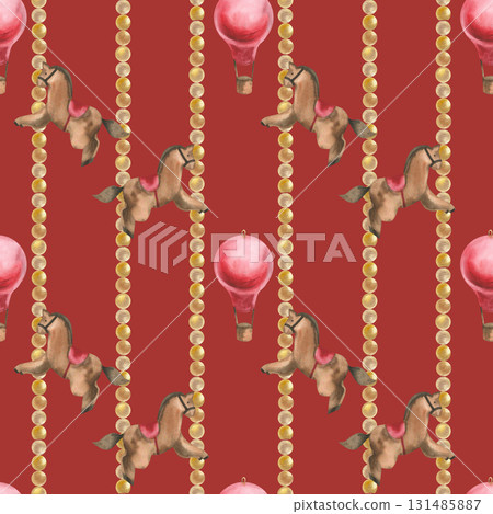 Christmas retro festive seamless pattern on red for wrapping paper design. Vintage horse toy and red balloons decorated with golden garland illustration for wallpaper,gift packing design Christmas retro festive seamless pattern on red for wrapping paper design. Vintage horse toy and red balloons decorated with golden garland illustration for wallpaper,gift packing design 131485887